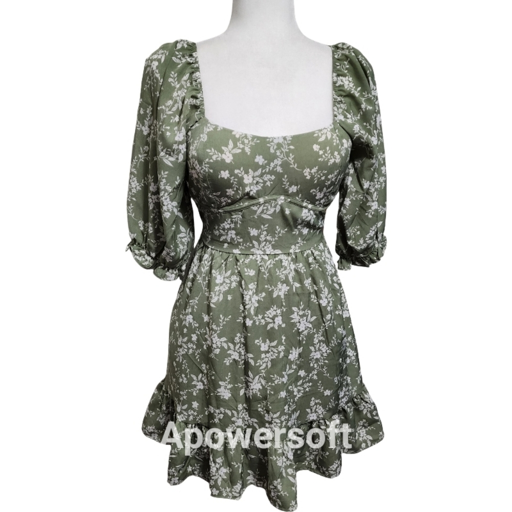 Inspired Hearts Green and White Fit and Flare Mini Sundress with Puff Sleeves
